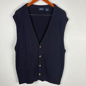 Vintage Byford Navy Blue Cable Knit V Neck Button Front Sweater Vest XL